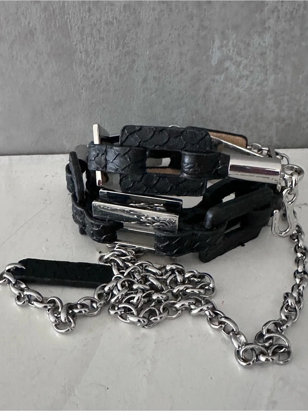 LEATHER & MEATAL CHAIN LINK BELT BLACK ADJUSTABLE